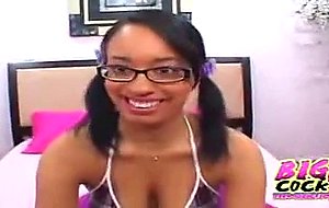 Dark skinned teen in glasses gets big dick drilled sideways