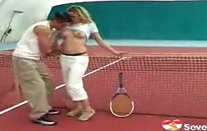 Blonde teen girl fucking on a tennis court