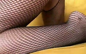 Glamorous Heidi Mayne in fishnet pantyhose sucks black dude