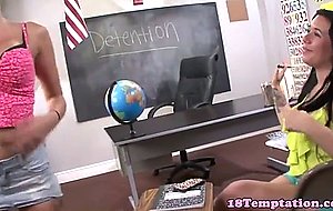 Tattooed amateur teen jerks cock in classroom