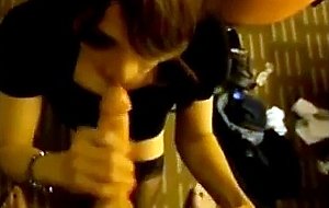 Super sexy latina tranny gags on a big cock