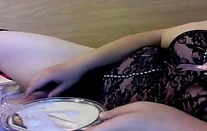 Chubby amateur trans cums on a mirror and licks it