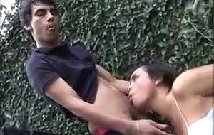 Busty tranny gets sucked outdoors & fucks guy on the bed