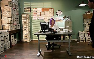 Tranny secretary fucks deep throat guy