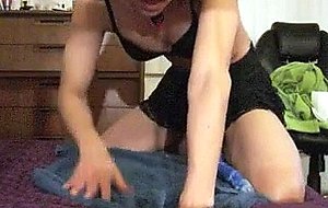 Horny cd vibrator riding on a bed