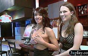 Two tight ladies give a blowjob and get pounded in the bar