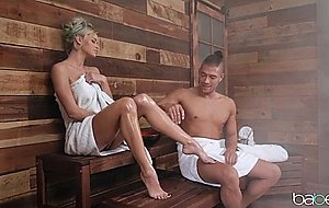 Hot nude blonde with big tits oiled up and fucked in the sauna – nude girls