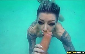 Sexy badass tattooed chick with big tits fucks in the pool and even under water - nude girls