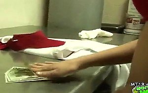 Tight teen fucks a man in front of the camera for cash