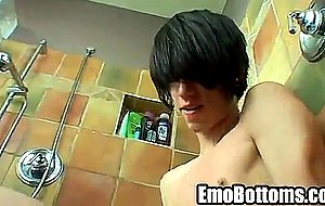 Emo twink sucking on two intense cocks in the shower