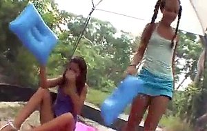 Hot chicks are kissing first time in backyard