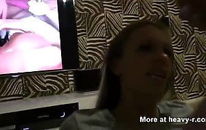 Obedient gf gives bj while he watches porno  