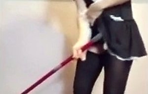 Requested, dirty maid misbehaves with a broom, first in pu