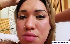 Shemale tranny tugs her intense cock