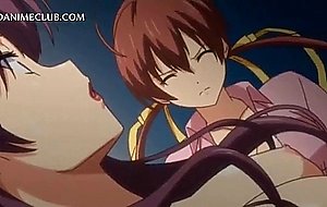 Innocent anime girl fucks big cock between tits and cunt lips