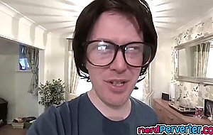 Sexy babe gives mind blowing bj to nerd  