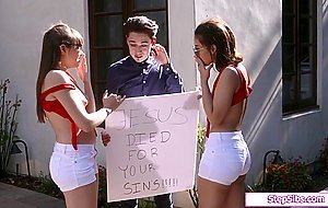 Nerd guy fucked by his two cute naughty stepsisters