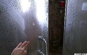 Black-haired Latina sucks a dick and gets screwed in the ass under a shower