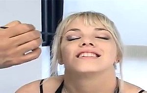 Sexy blonde babe double blowjob and facial
