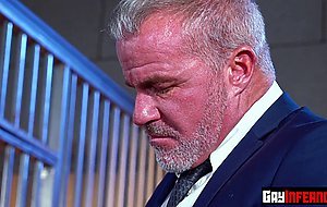 The old man gives a hard blowjob to the stud prisoner