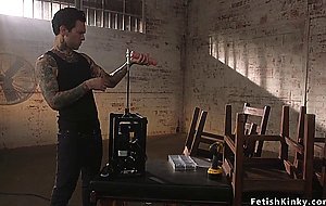 Tied busty babe gagged by huge dick