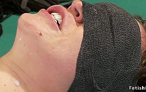 Blindfolded babe fucked in public hall