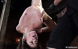 Tiny tits slave is toyed on hogtie