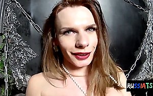 Classy russian tgirl masturbates on the couch 