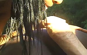 Three sweet black babes licking and fucking each other outdoors