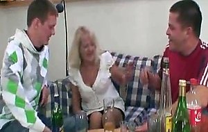 Two partying guys screw drunk blonde granny