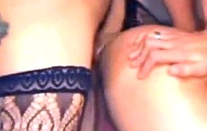 Busty tranny in stockings fucks a chap