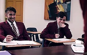 School teacher dominated by misbehaving students before they gang bang her hardcore - Naked