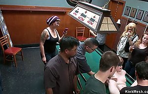 Blindfolded slut fucked in public bar