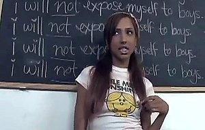Sexy but dumb teen slut sucking dick and getting her pussy fucked in class