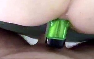 Shit hole banged by dildo while cock fucks pussy