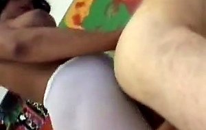 Ebony tranny in white pantyhose likes threesome