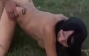 Horny brunette old lady fucked by young stud outdoors