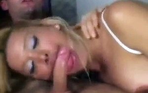 Blonde in white lingerie blows after fucking