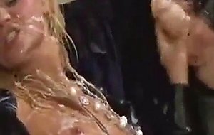 Cock sucking blondes drenched in slime cum by strapons