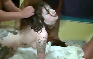 Tattooed college babes facialed at party