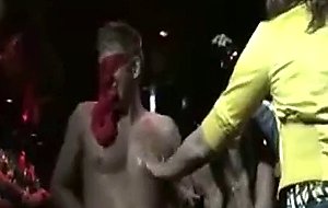 Three wild girls blindfolded a man with their panty
