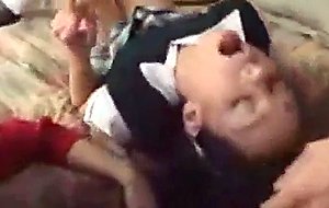 Hot schoolgirls sucking cock in threesome 