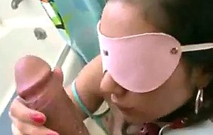 Teen tied up and on her knees sucking in bathroom