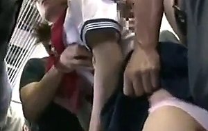 Shy schoolgirl gangbanged in a public train