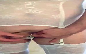 Amateur ts in white lingerie solo