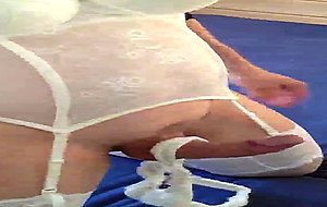 Amateur ts in white lingerie solo