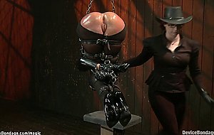 Bound gimp in latex pussy fucked