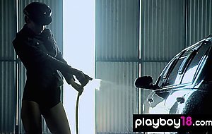 Skinny chauffeur Romina Cisneros washing the limo and flashing her big tits