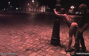 Bound babe fucked at night outdoors