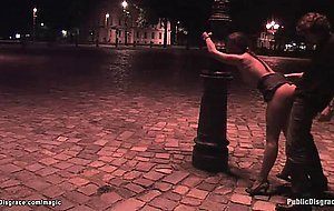 Bound babe fucked at night outdoors